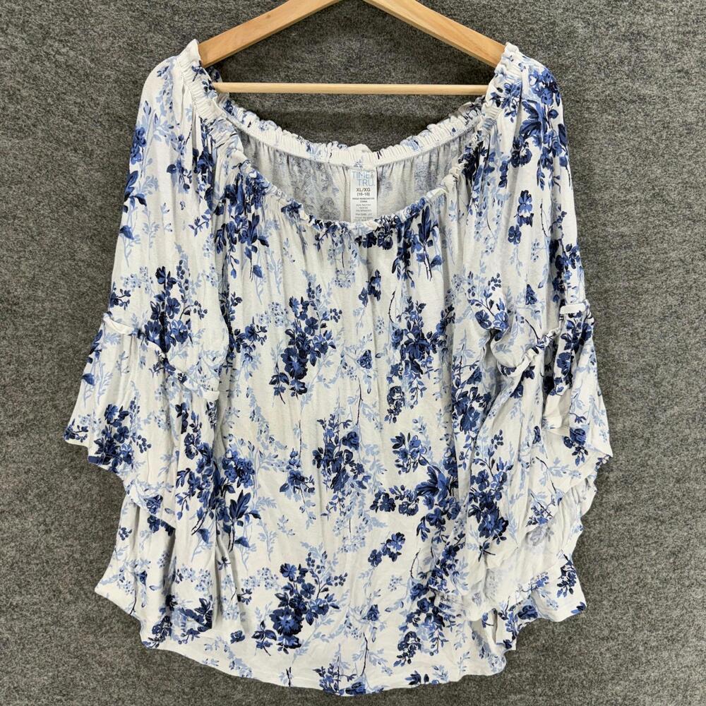 Time And Tru Blouse Women XL White Floral 3/4 Sleeve Round Neck Rayon Casual - Picture 1 of 6